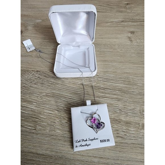 Amethyst, Lab Created Pink Sapphire & Diamond Accent Double Heart Pendant NIB - Picture 4 of 6